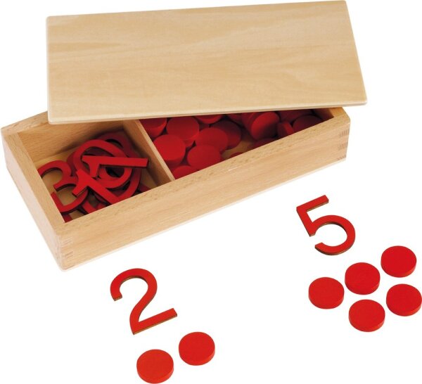 Montessori Ziffern und Chips in Holzbox