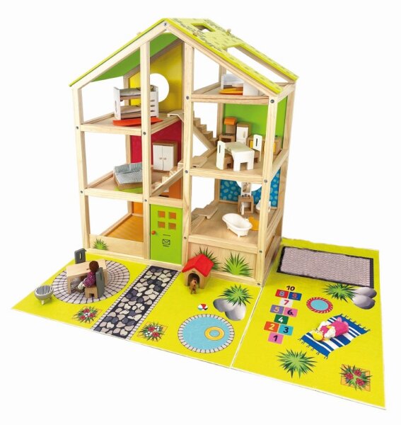 XXL Puppenhaus mit M&ouml;bel + Puppen, 44-tlg.