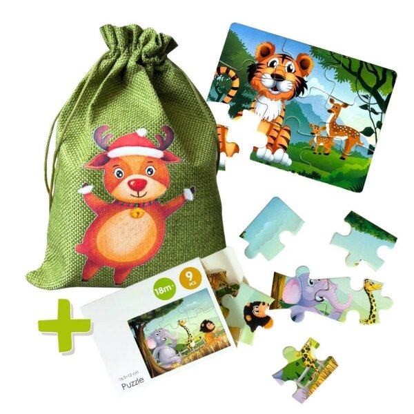 WS25: Beutel gr&uuml;n + Holzpuzzle Tiere