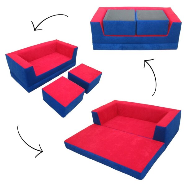 Klapp-Sofa mit 2 Hockern