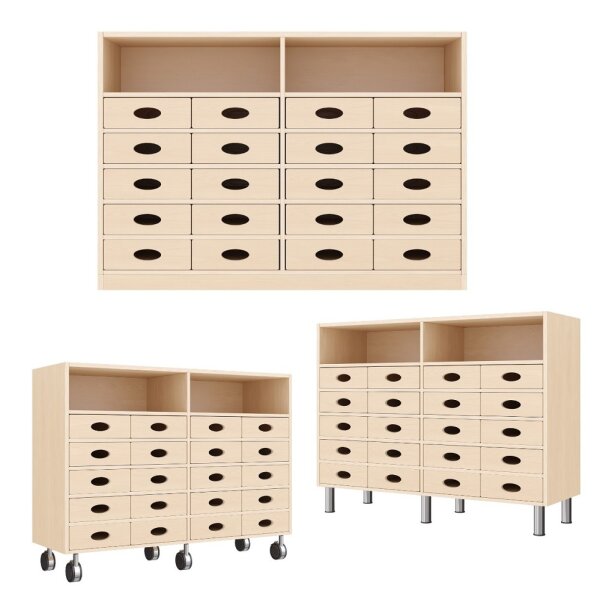 Regalschrank mit 20 Materialk&auml;sten, Sockel w&auml;hlbar