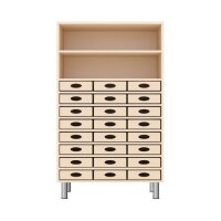 Regalschrank 24 Materialk&auml;sten, mit F&uuml;&szlig;en, frontal